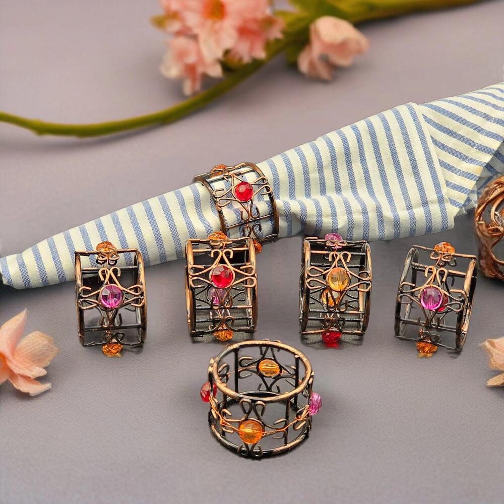 Handcrafted Vintage-Style Metal Napkin Rings with Colorful Gemstones-Boho Decor